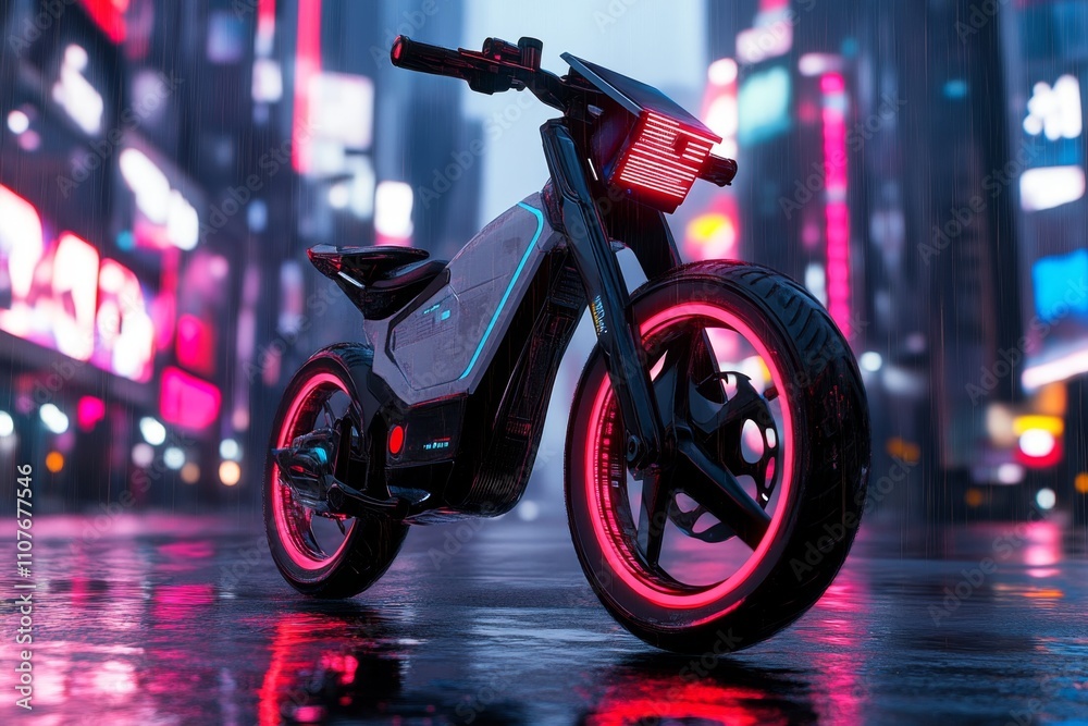 Poster a cyberpunk-inspired bicycle with neon-lit wheels and a glowing digital display on the handlebars, r