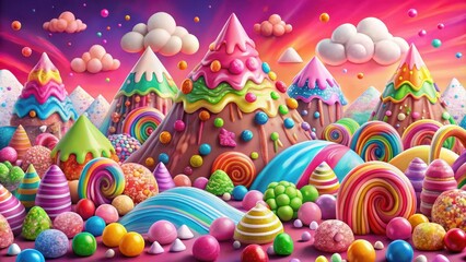A whimsical landscape of candy mountains and lollipops, a sweet and vibrant world of sugary delights