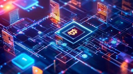Obraz premium Digital currency and blockchain innovation depicted through modern technological elements illustrating the evolution of financial systems