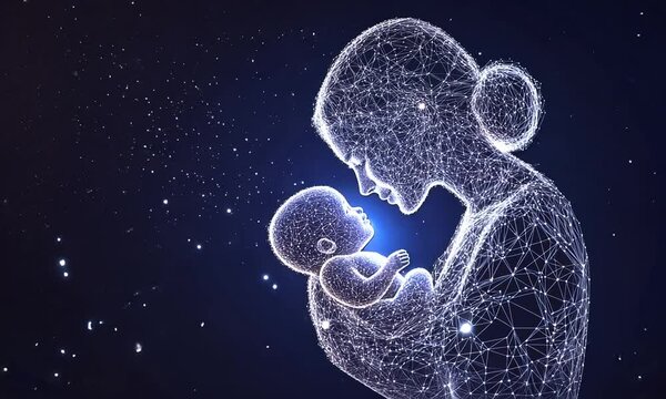 mother baby family blue dark lines low poly wireframe ai generated video