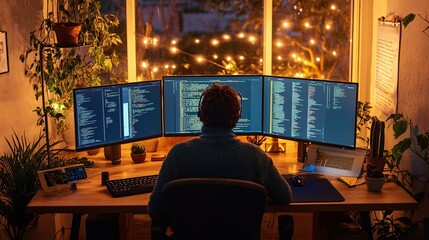 Fototapeta premium Person working from a home office space with dual monitors and productivity tools highlighting the benefits of teleworking