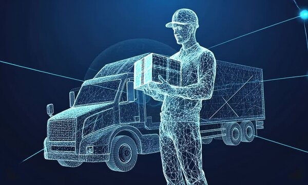 cargo delivery man worker transport truck vehicle digital low poly wireframe ai generated video concept