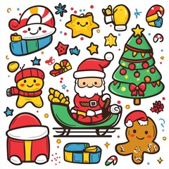 colorful christmas design with cute santa and sleigh with presents, and cute kawaii style christmas tree, and stockings, and gingerbread man	
