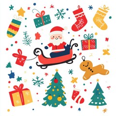 Obraz premium colorful christmas design with cute santa and sleigh with presents, and cute kawaii style christmas tree, and stockings, and gingerbread man Christmas theme design background. 