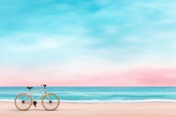 Fototapeta premium A dreamy watercolor scene of a bicycle parked by the beach, with pastel tones blending the waves, sand, and sky