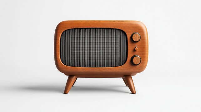 Vintage wooden television set with retro design and knobs on a white background, showcasing mid-century style and aesthetics in home decor.