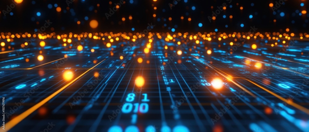 Poster a digital landscape of glowing binary data, representing technology and information flow.