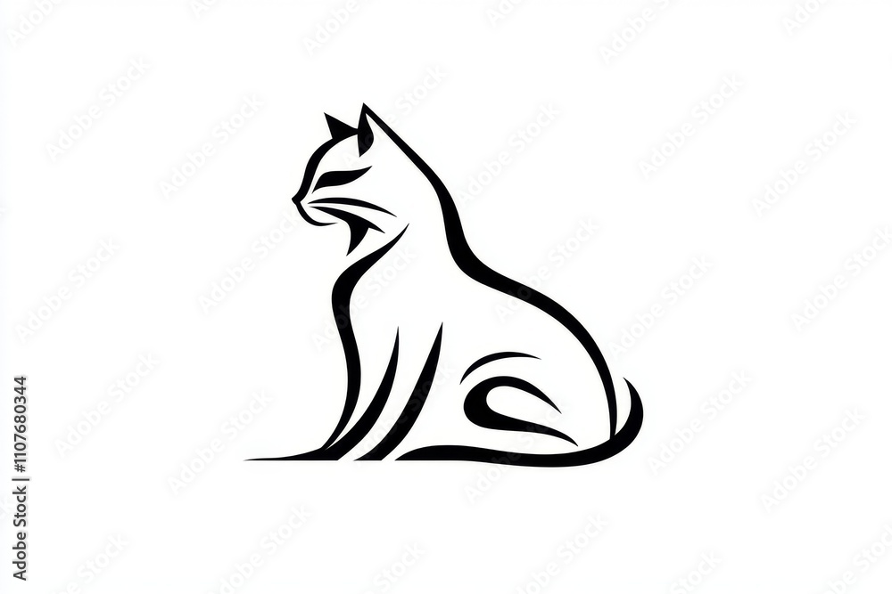 Poster a flat design of a cat silhouette with its tail curled, rendered in bold black lines on a white back