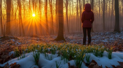 A woman stands in a peaceful forest at sunrise, witnessing the awakening of nature on Imbolc