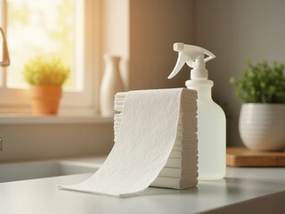 Stack of disposable cleaning cloths with spray bottle on kitchen counter