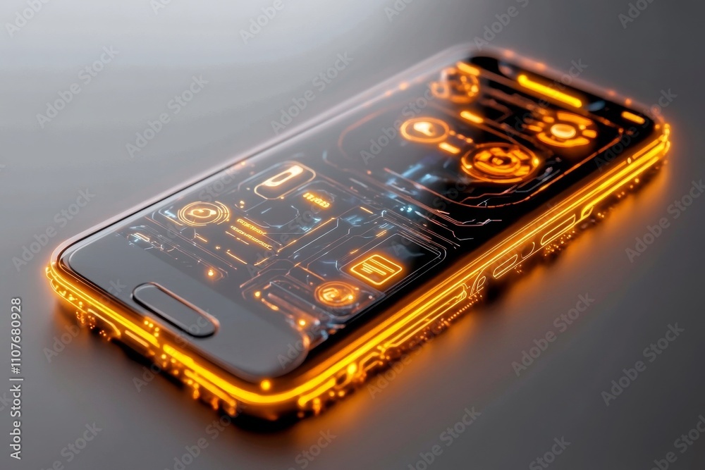 Poster a futuristic 3d depiction of a cellphone with glowing edges and an animated, holographic screen inte