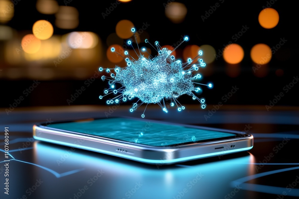 Poster A futuristic 3D depiction of a cellphone with glowing edges and an animated, holographic screen interface