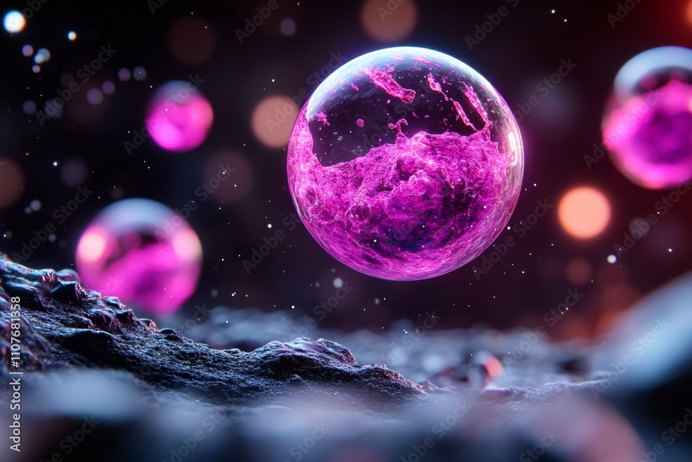 Poster a futuristic scene of glowing, holographic bubbles floating in a dark sci-fi environment