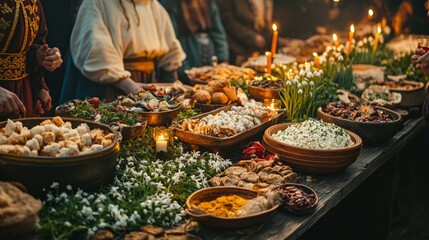 Obraz premium Celebrating Imbolc Festival in Ireland with Traditional Foods and Candles Amongst Wildflowers