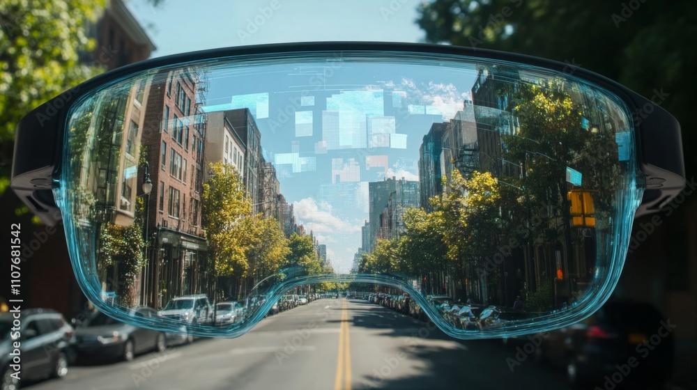 Poster augmented reality glasses showcase advanced ai, offering immersive views of tree-lined streets and b