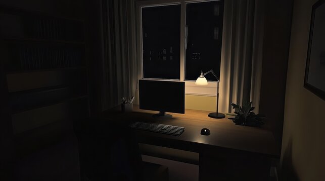A dimly lit room features a desk with a computer and a lamp, casting a warm glow against dark curtains and a window showing nighttime outside.