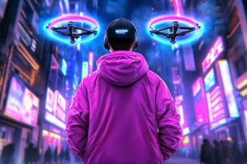 Fototapeta premium A glowing, neon-lit scene of a bystander watching a drone race in a futuristic alleyway
