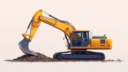 Construction truck. A bright yellow excavator digs into a mound of dirt, showcasing heavy machinery in action.