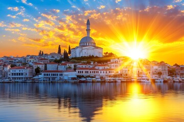 Fototapeta premium A majestic Byzantine cityscape at sunset, with domes and towers glowing in golden light
