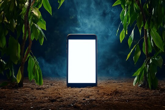 A mysterious cellphone emitting eerie light, surrounded by dark mist and cryptic symbols on its screen