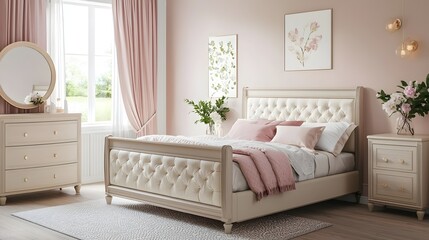 Elegant Feminine Bedroom in Pale Blush Tones with Romantic Accents (Bedroom Interior Design)