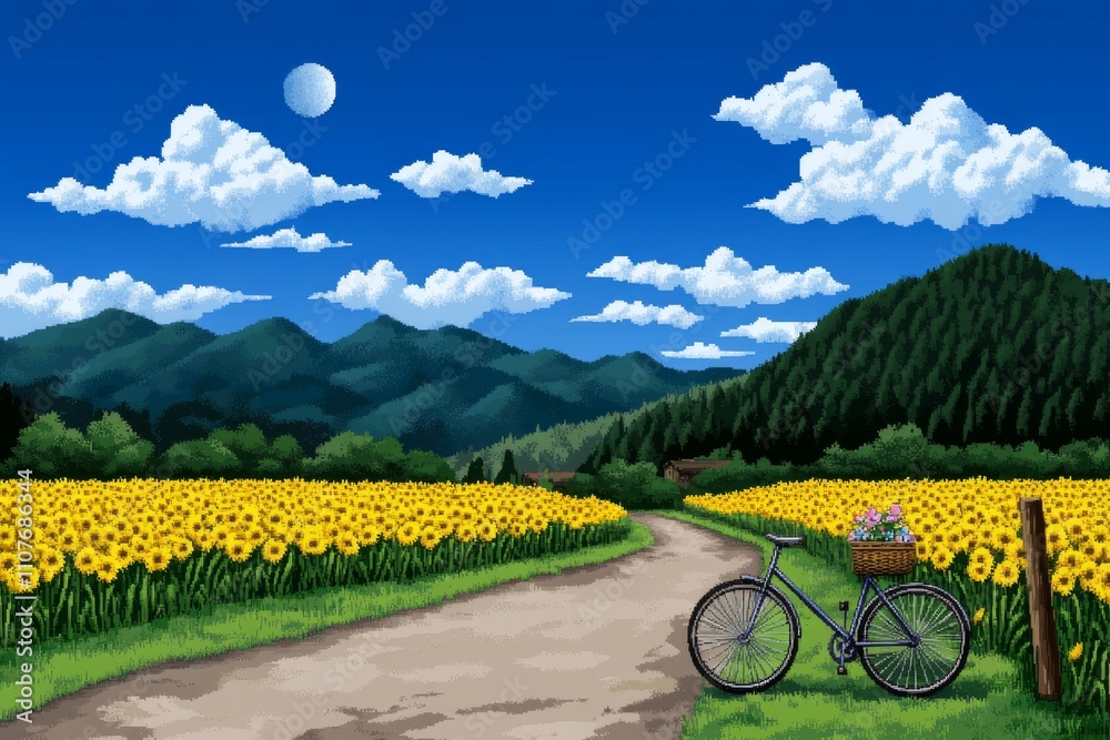 Poster A pixel art bicycle with a flower basket, animated with glowing petals and a small waving character riding it through a scenic pixelated field