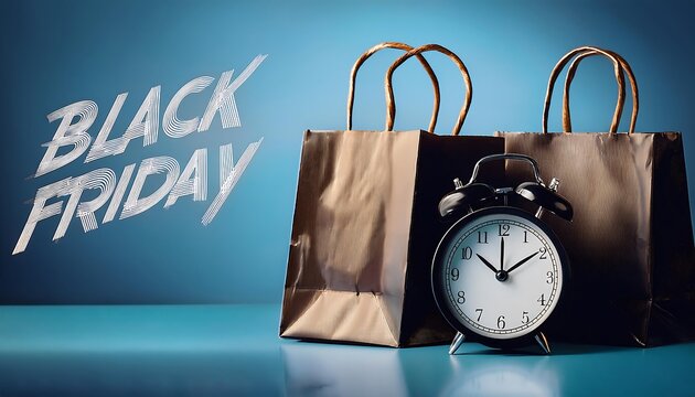 Text Black Friday Sale with shopping bag and clock on blue background to create a promotional and festive design.