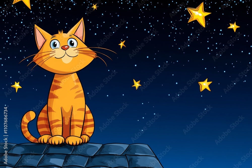 Poster A pixel art tabby cat sitting on a rooftop under a starry night, with tiny animated sparkles in the sky