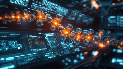 Obraz premium Bonding structure of materials science are relying on knowledge from physics chemistry biology and geology. Futuristic digital technology and data visualization