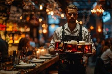 Fototapeta premium A bartender holding a tray filled with craft beers stands ready to serve. The bar is bustling with patrons enjoying the festive ambiance during a vibrant night out