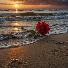 A red rose lying on the sandy shore, with waves gently touching its stem under a dramatic sunset.

