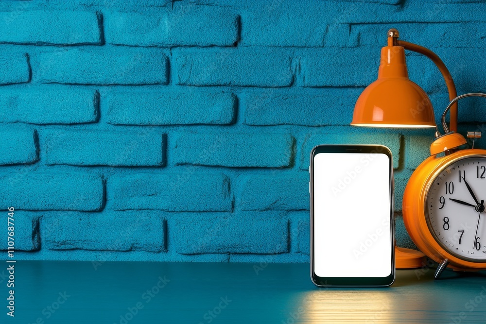 Poster A realistic shot of a cellphone on a nightstand next to an alarm clock, with the screen glowing softly in the dark