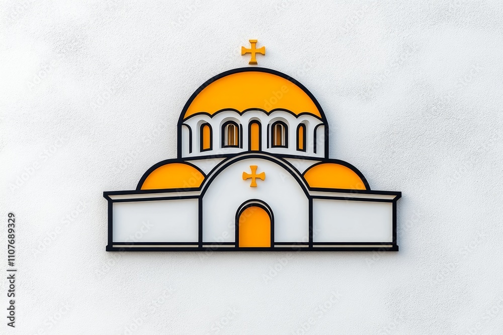 Poster a simple icon of a byzantine dome, drawn in bold lines with gold accents on a white background