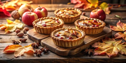 Fototapeta premium Sweet Autumn Delights A Rustic Arrangement of Homemade Apple Tarts, Nestled Amongst Vibrant Fall Leaves and Aromatic Spices