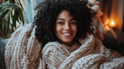 A family having a cozy movie night in their living room, snuggled under blankets with popcorn and hot cocoa. The warm glow of the TV reflects on their happy faces as they laugh at a comedy together. 