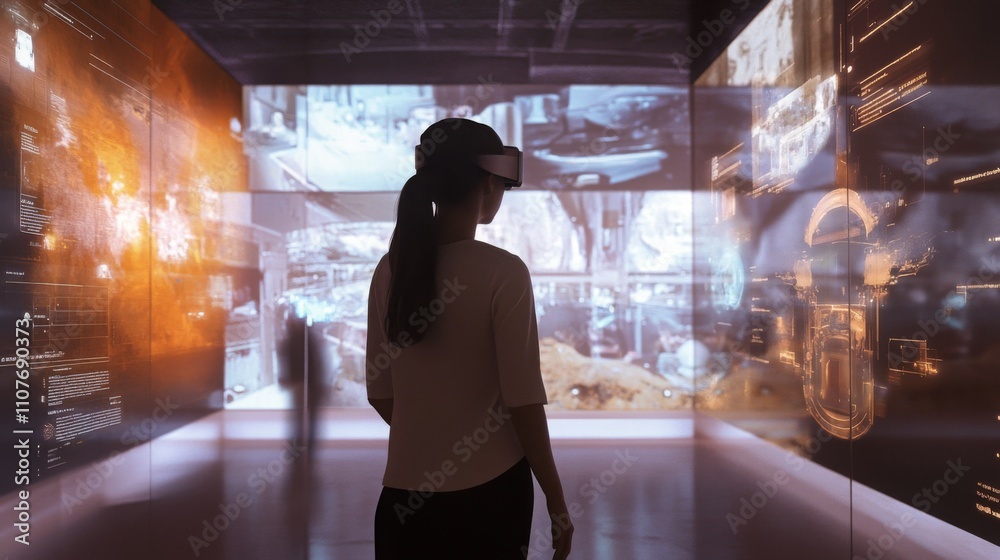 Aufkleber A person engages with advanced AI technology in a digital space showcasing real estate. The immersive experience features interactive visuals projection on the walls, enhancing property exploration.