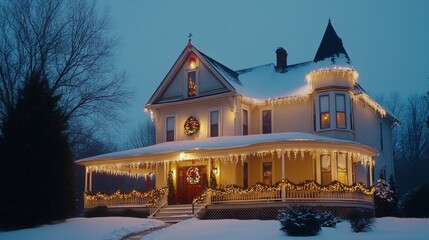 Obraz premium Elegant Victorian home covered in fresh snow, adorned with twinkling Christmas lights, golden garlands on the wraparound porch, and a festive wreath with red ribbons on the front door