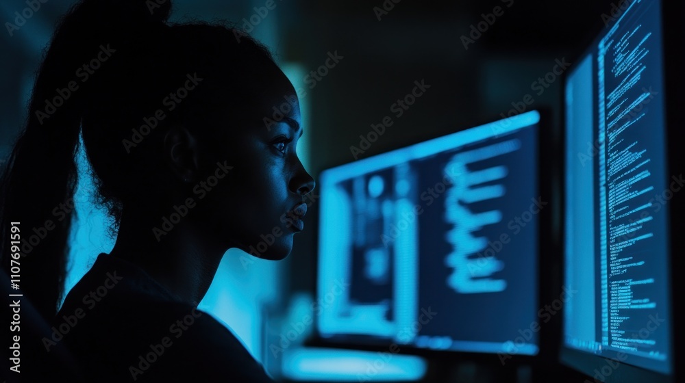 Poster a focused individual working on coding in a dimly lit environment with multiple screens.