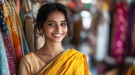 Fototapeta premium Smiling young woman wearing a vibrant yellow sari in an Indian fabric shop, surrounded by colorful textile displays