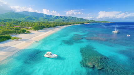 Serene aerial view of Grand Anse beach with clear waters and a yacht on La Digue island