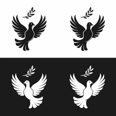 Obraz premium Peace dove graffiti, pigeons, twigs ink illustration. Flying birds silhouettes monochrome flat icons
