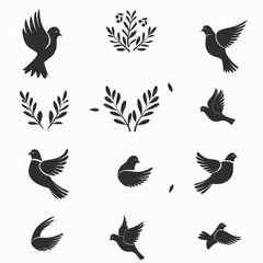 Naklejka premium Peace dove graffiti, pigeons, twigs ink illustration. Flying birds silhouettes monochrome flat icons