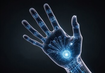 Naklejka premium hologram of hand on black background. Futuristic transformation of technology