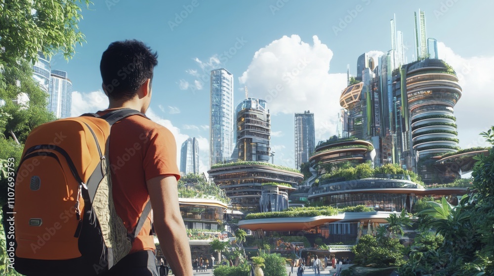 Poster a person with a backpack gazes at an advanced city skyline featuring innovative architectural design