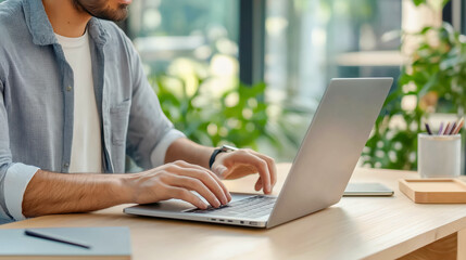 Close-up of a person typing on a laptop at a modern, plant-filled workspace, emphasizing productivity and a relaxed atmosphere.