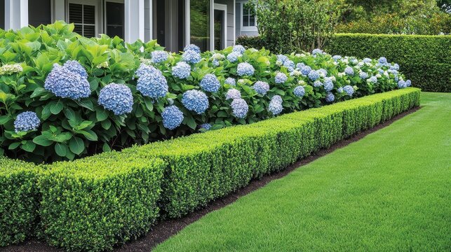 Vibrant Hydrangeas in a Well-Maintained Backyard Garden
