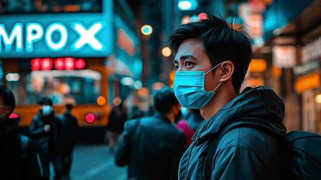 A man wearing a protective face mask in a crowded city during an Mpox outbreak. Concept of public health awareness and urban adaptation to viral infections.