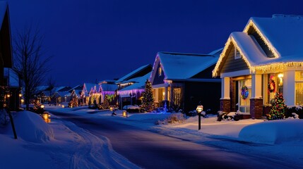 Naklejka premium Snowy suburban street with festive homes, featuring snow-covered roofs, colorful Christmas lights, glowing lanterns along pathways, and frosted windows creating a holiday atmosphere.