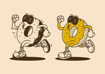 Donut, make the world go round. Retro mascot character of donut in running pose, with two different colo