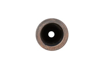 Iron rusted pipe isolated on white background. Side view, cross-section of a concrete drainage pipe.